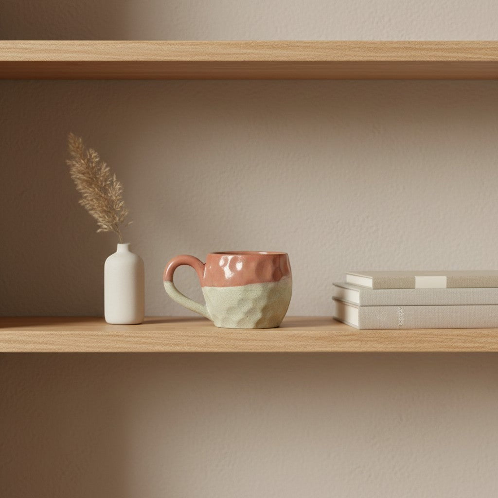 Eternal Pottery two-tone ceramic mug with textured finish in coral and beige, featuring a comfortable handle.