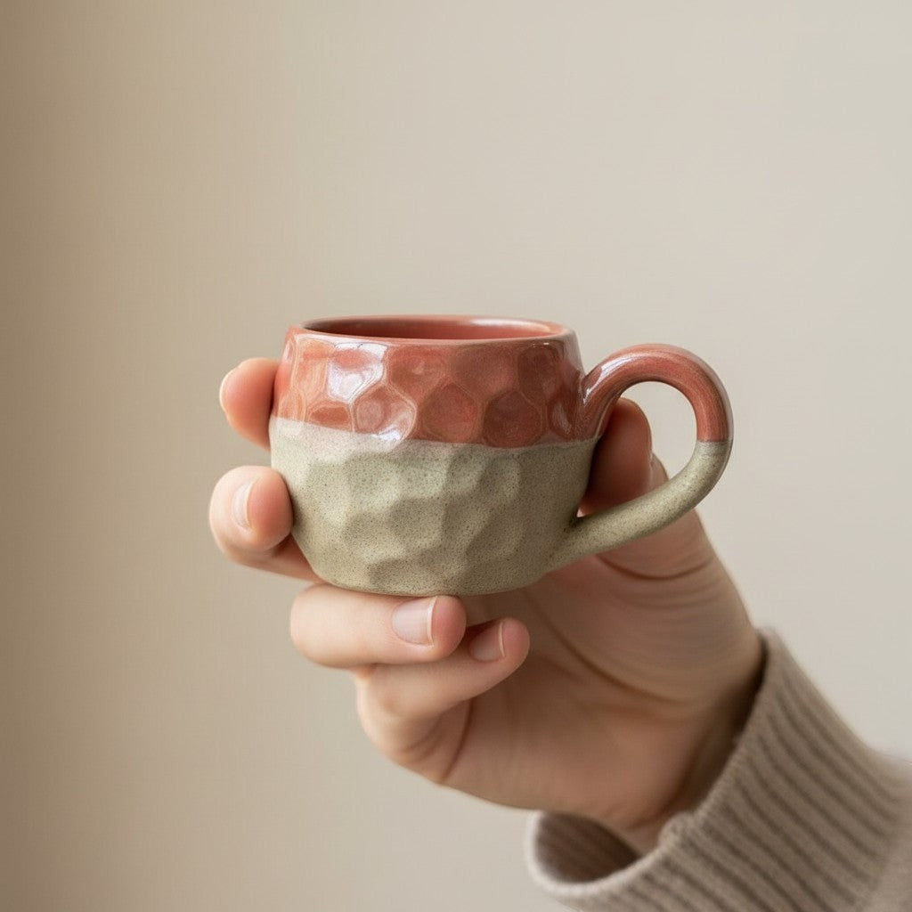 Eternal Pottery textured ceramic coffee mug with handle in coral and beige, perfect for espresso or tea.