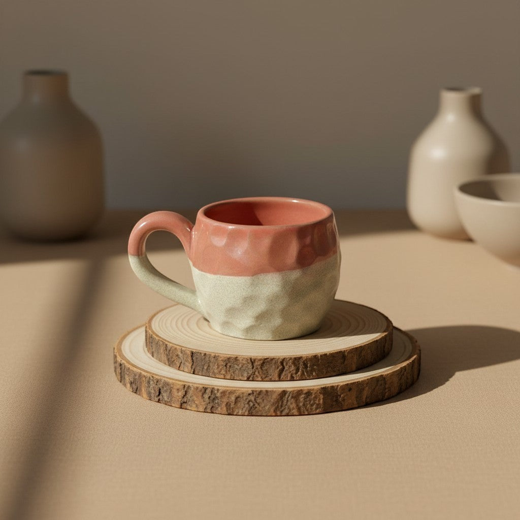Eternal Pottery two-tone textured ceramic mug in coral and beige with a comfortable handle, perfect for espresso or tea.