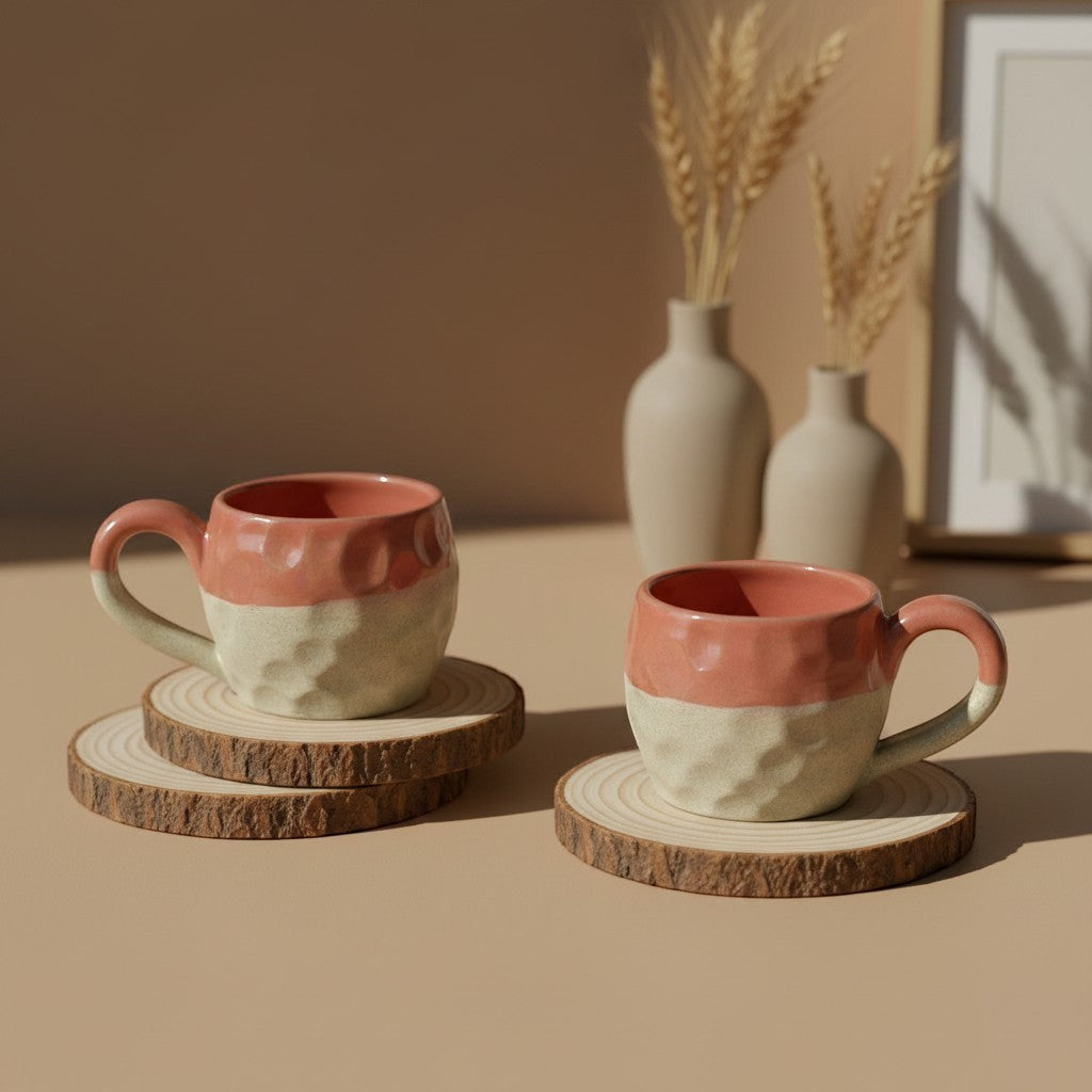 Eternal Pottery two-tone ceramic mug in coral and beige with textured finish and comfortable handle.
