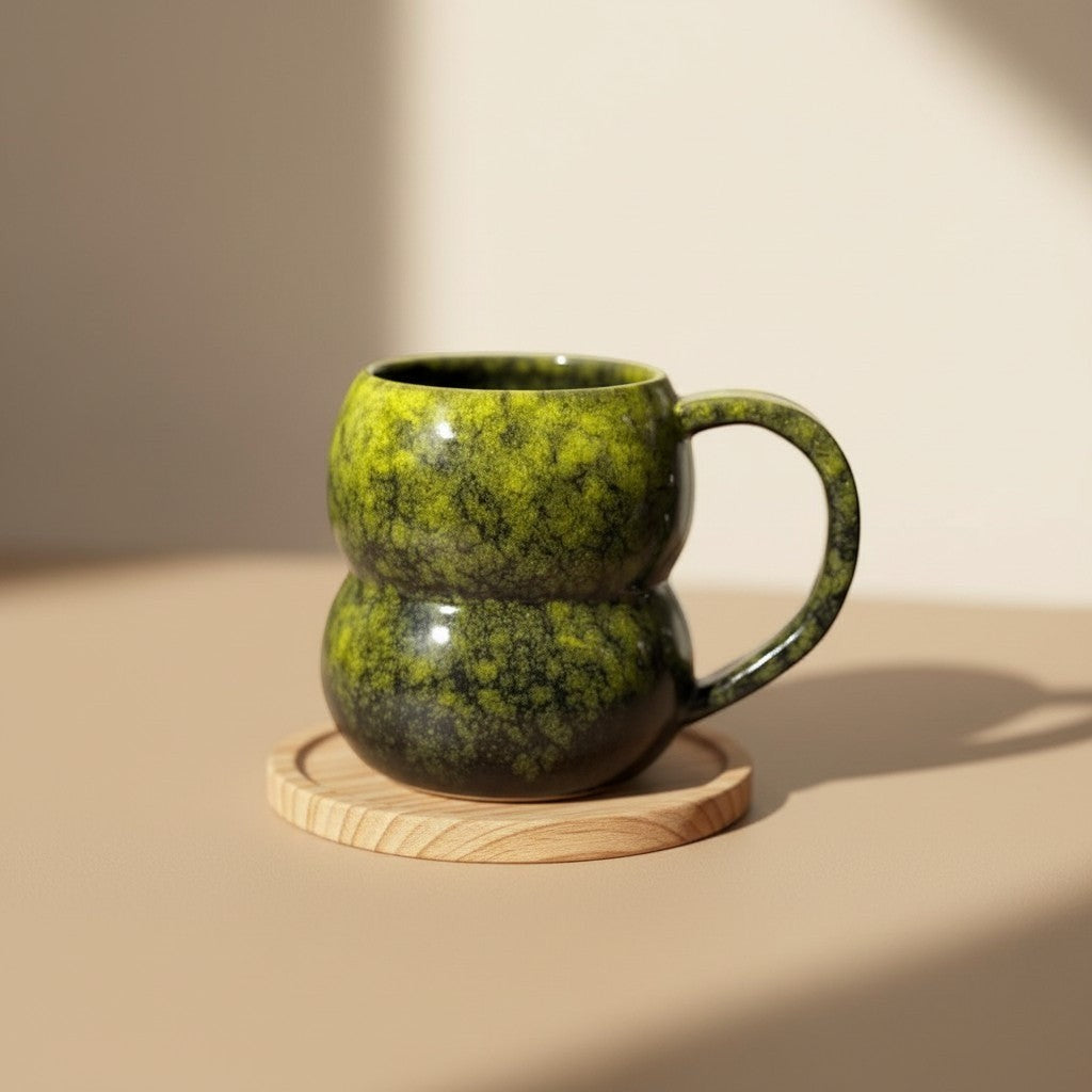 Eternal Pottery textured forest glow double bubble mug with handle on a wooden coaster.
