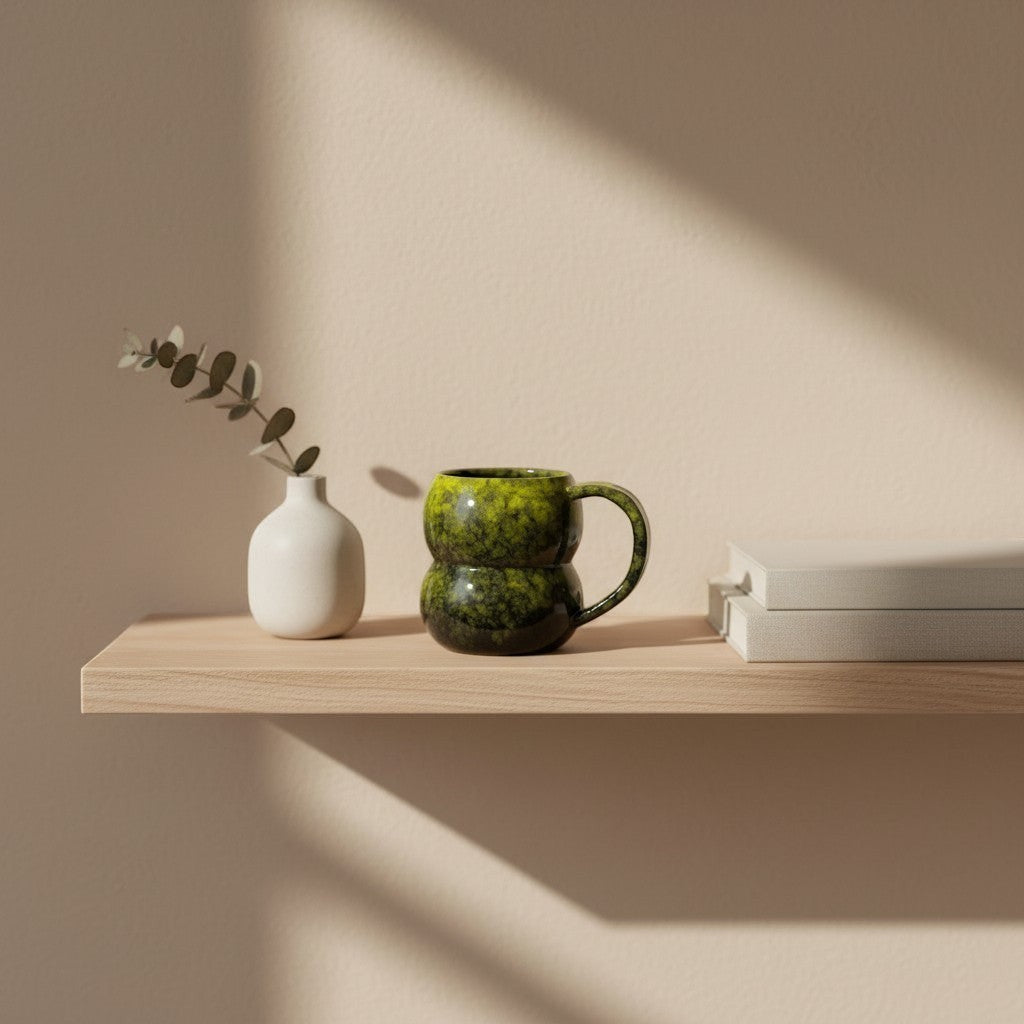 Eternal Pottery textured forest glow double bubble mug with handle on a wooden shelf.