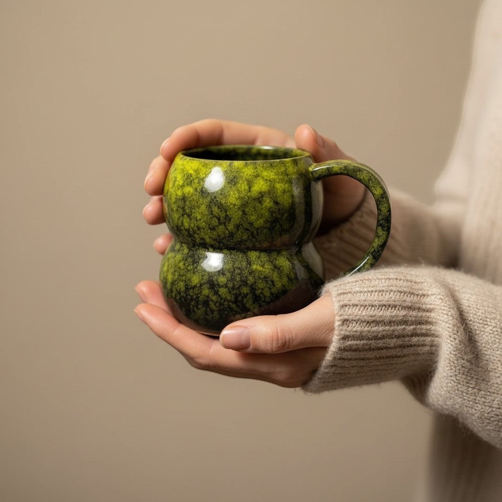 Eternal Pottery textured forest glow double bubble mug with handle, held in hands.