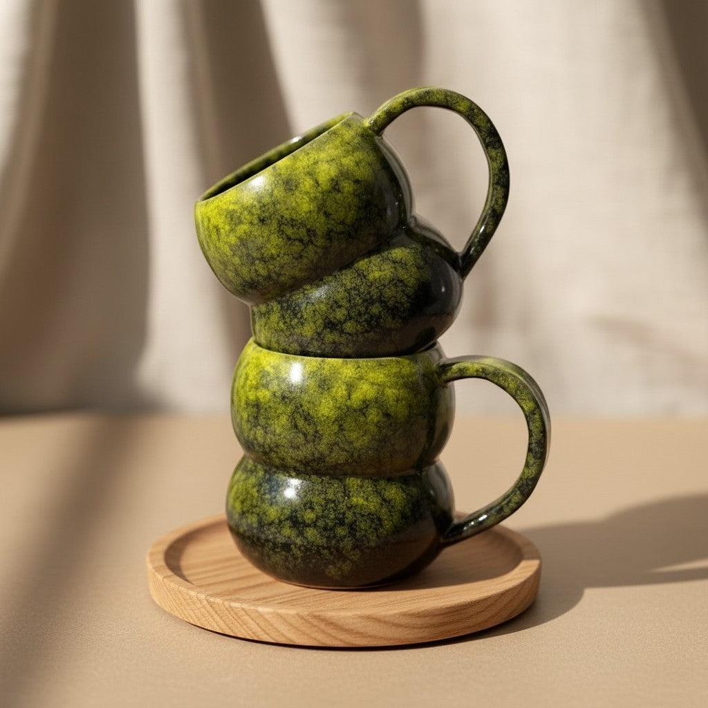 Two stacked textured forest glow double bubble mugs with handles, resting on a wooden coaster. Eternal Pottery.