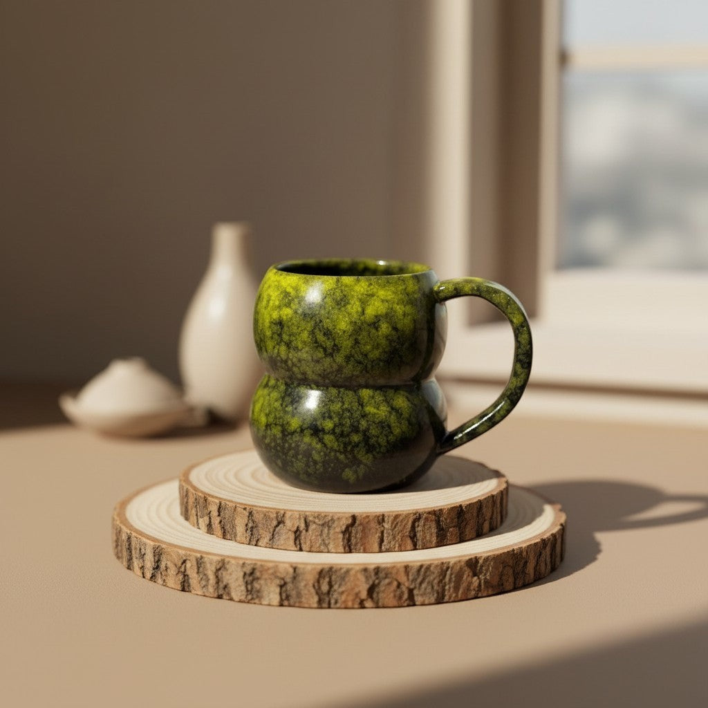 Eternal Pottery textured forest glow double bubble mug with handle, rustic glaze, perfect for coffee or tea resting on double-layered wooden coaster.