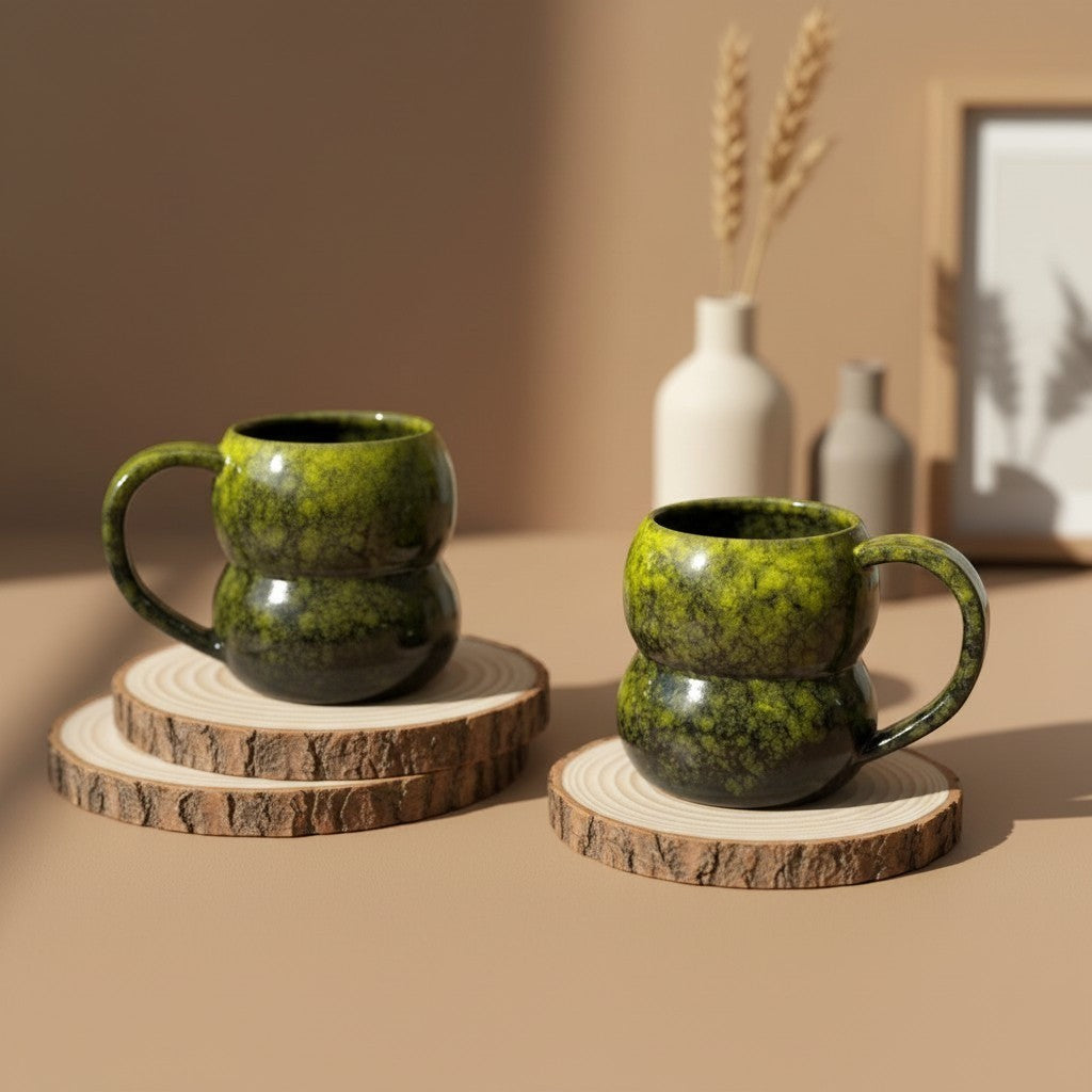 Two textured forest glow double bubble mugs with handles resting on wooden coasters, rustic design. Eternal Pottery.