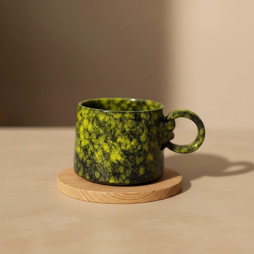 Eternal Pottery textured forest glow ring mug with handle on a wooden coaster.