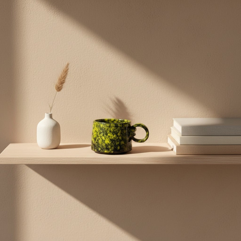 Eternal Pottery textured forest glow ring mug with handle on a wooden shelf.