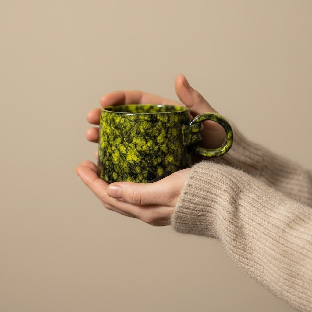 Eternal Pottery textured forest glow ring mug with handle, held in hands.
