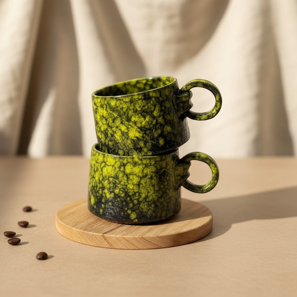 Two stacked textured forest glow ring mugs with handles, resting on a wooden coaster. Eternal Pottery.
