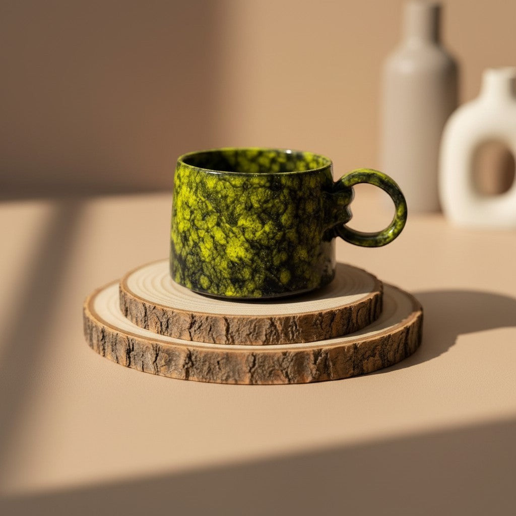 Eternal Pottery textured forest glow ring mug with handle, rustic glaze, perfect for coffee or tea resting on double-layered wooden coaster.