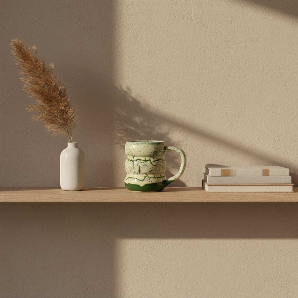 Eternal Pottery textured green marble triple bubble mug with handle on a wooden shelf.