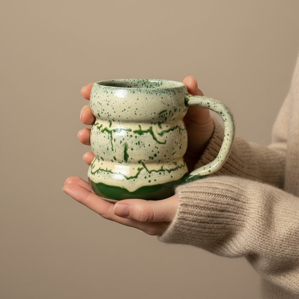 Eternal Pottery textured green marble triple bubble mug with handle, held in hands.