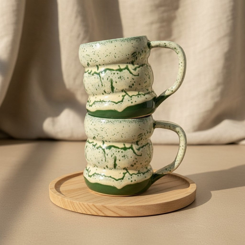 Two stacked textured green marble triple bubble mugs with handles, resting on a wooden coaster. Eternal Pottery.