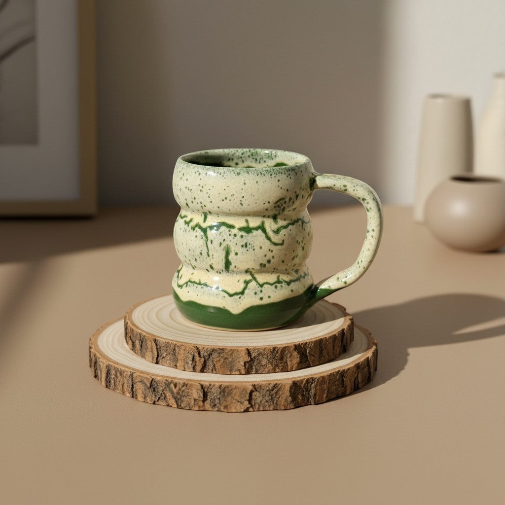 Eternal Pottery textured green marble triple bubble mug with handle, rustic glaze, perfect for coffee or tea resting on double-layered wooden coaster.