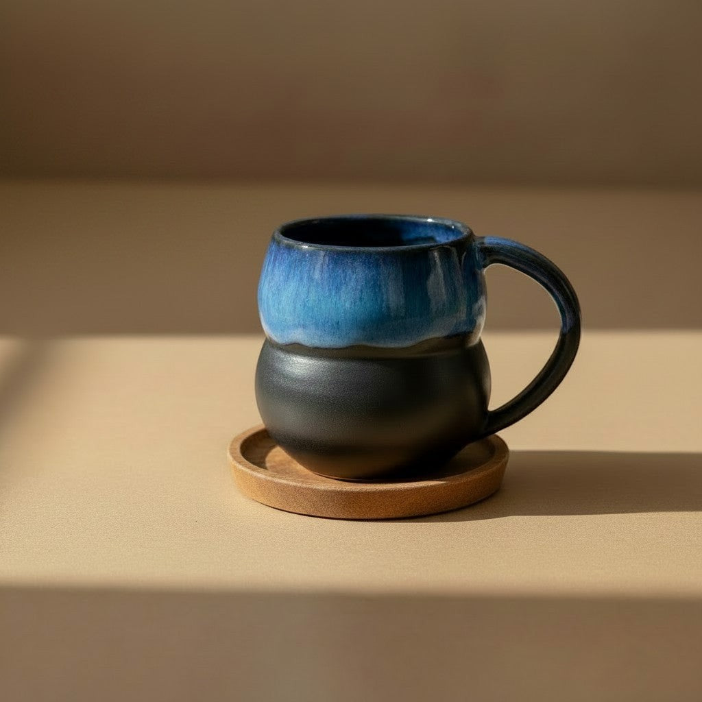Eternal Pottery textured midnight double bubble mug with handle on a wooden coaster.