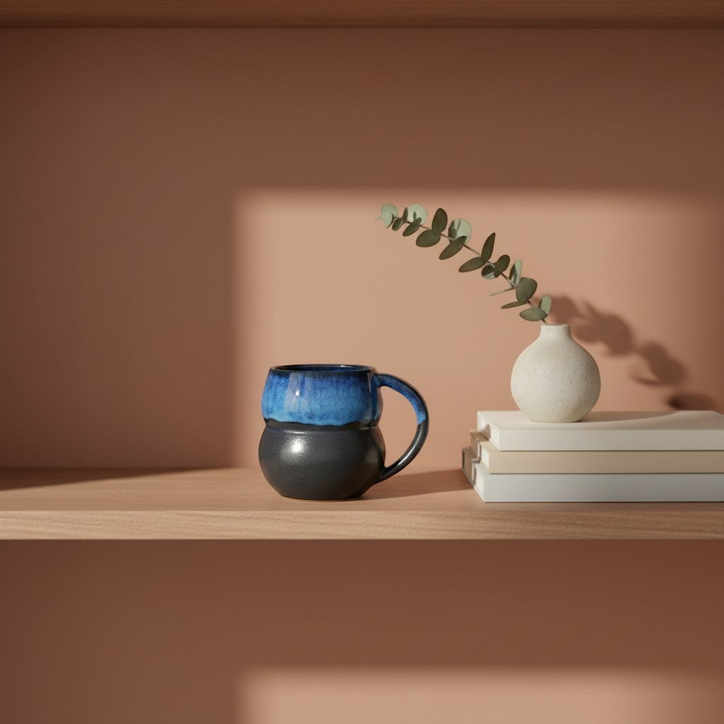 Eternal Pottery textured midnight double bubble mug with handle on a wooden shelf.