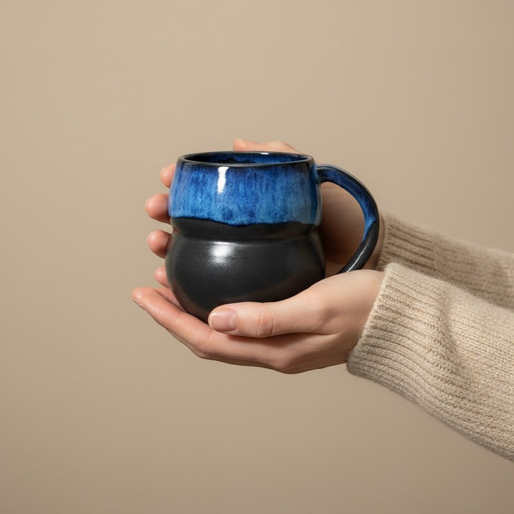 Eternal Pottery textured midnight double bubble mug with handle, held in hands.