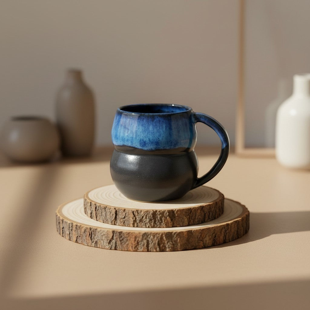 Eternal Pottery textured midnight double bubble mug with handle, rustic glaze, perfect for coffee or tea resting on double-layered wooden coaster.