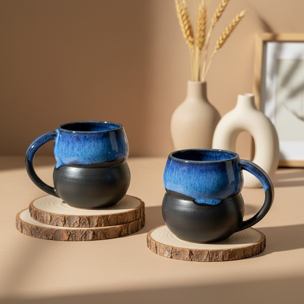 Two textured midnight double bubble mugs with handles resting on wooden coasters, rustic design. Eternal Pottery.