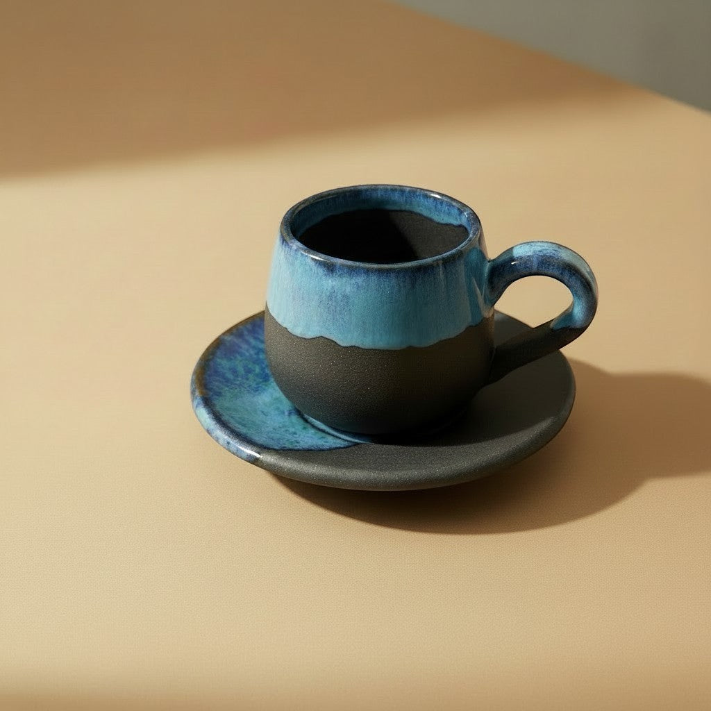 Eternal Pottery artisan ceramic espresso cup and saucer set with blue and black matte glaze. Stoneware coffee cup with handle.