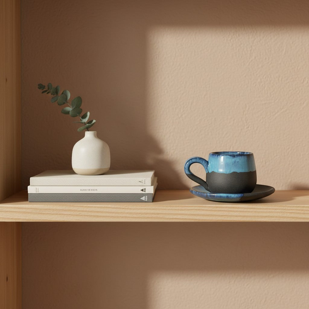 Eternal Pottery artisan ceramic espresso cup and saucer set with blue and black matte glaze.