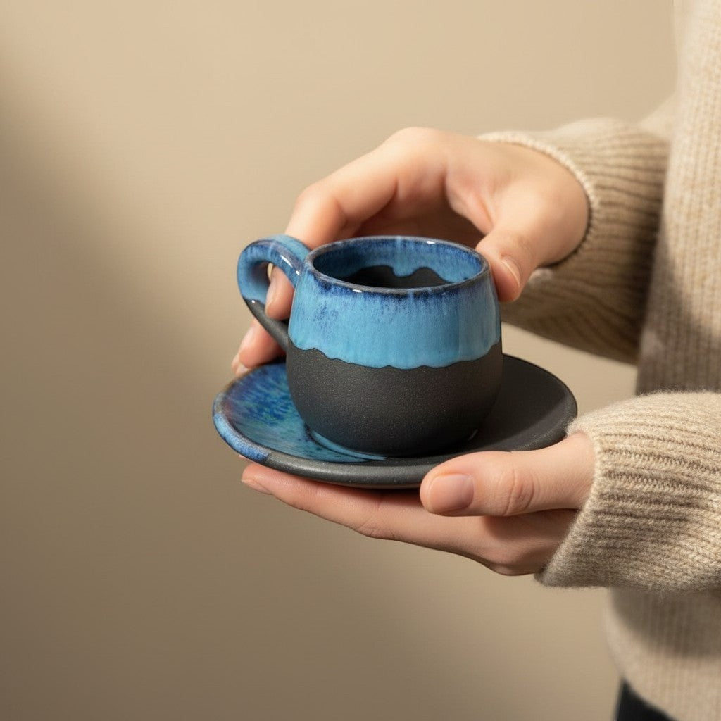 Eternal Pottery artisan ceramic espresso cup and saucer set with blue and black matte. Holds a small coffee.