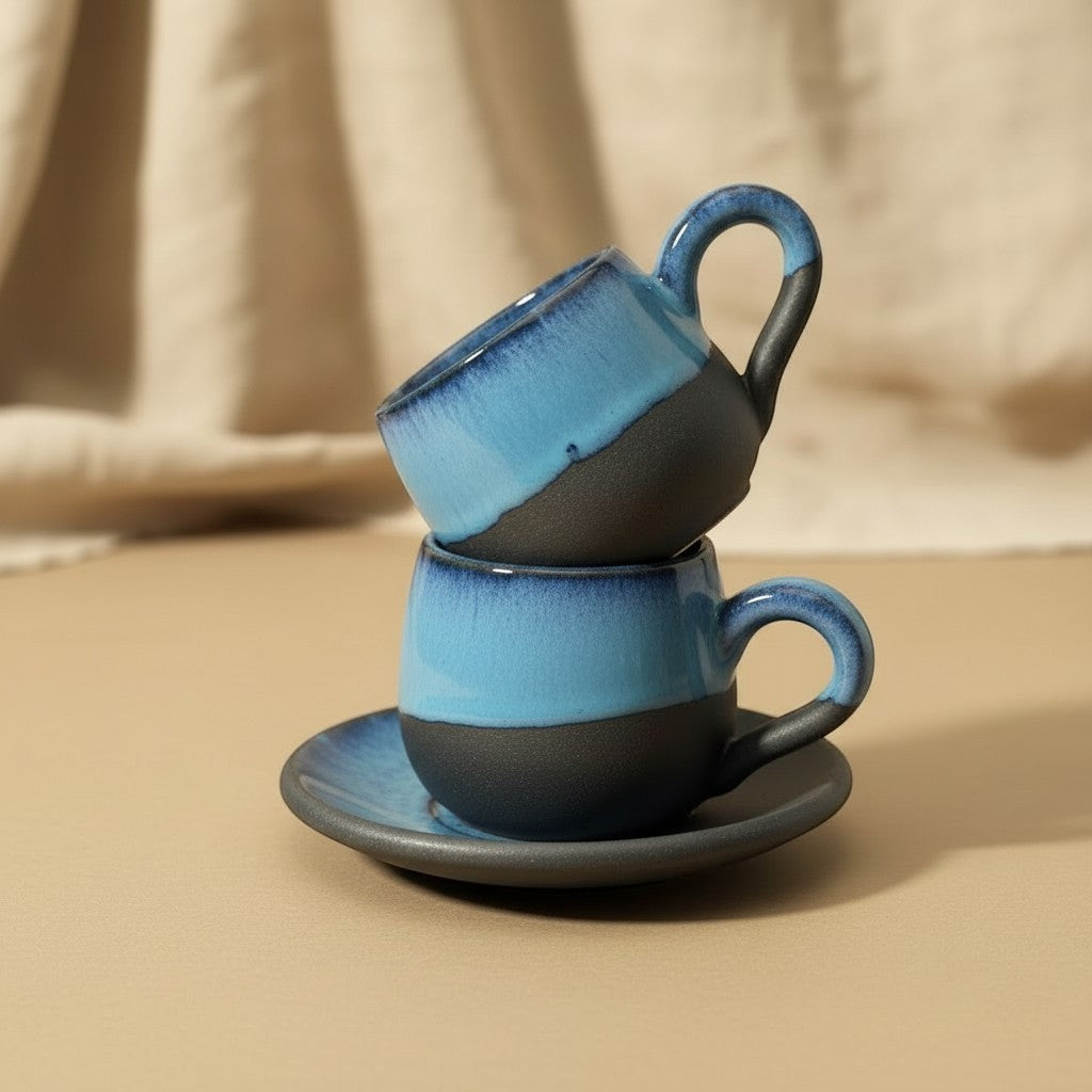 Eternal Pottery artisan ceramic espresso cup and saucer set with blue and black matte.