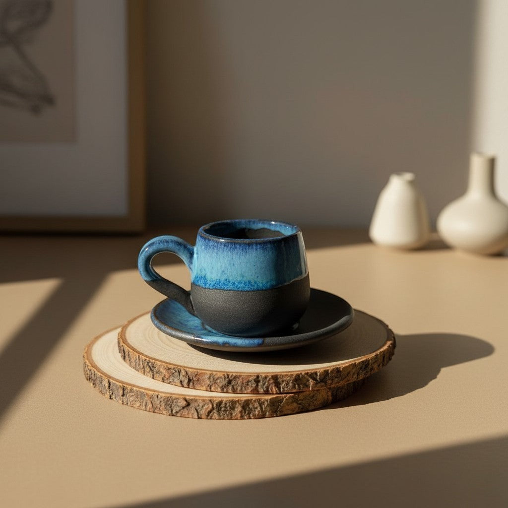 Eternal Pottery artisan ceramic espresso cup and saucer set with blue and black matte on stoneware.