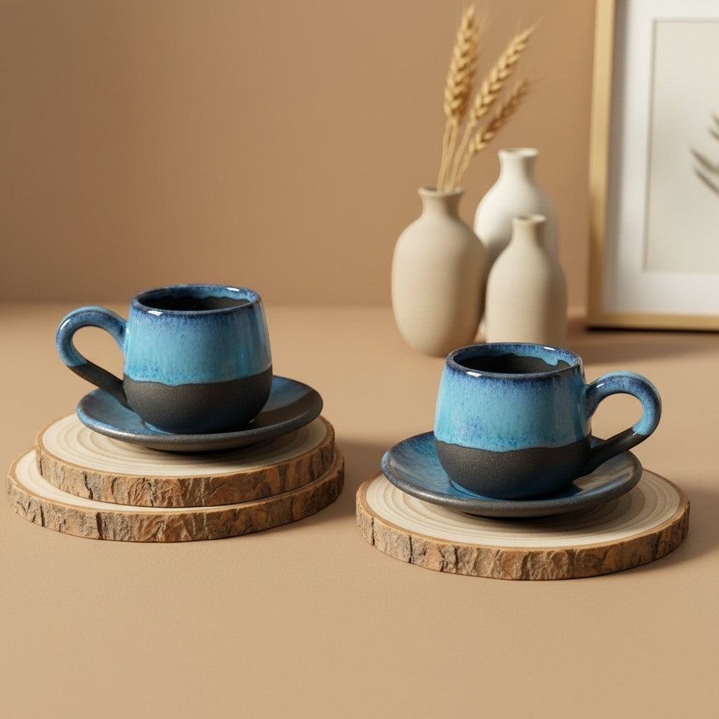 Eternal Pottery artisan ceramic espresso cup and saucer set with reactive blue and black matte. Two cups shown on wood slices.