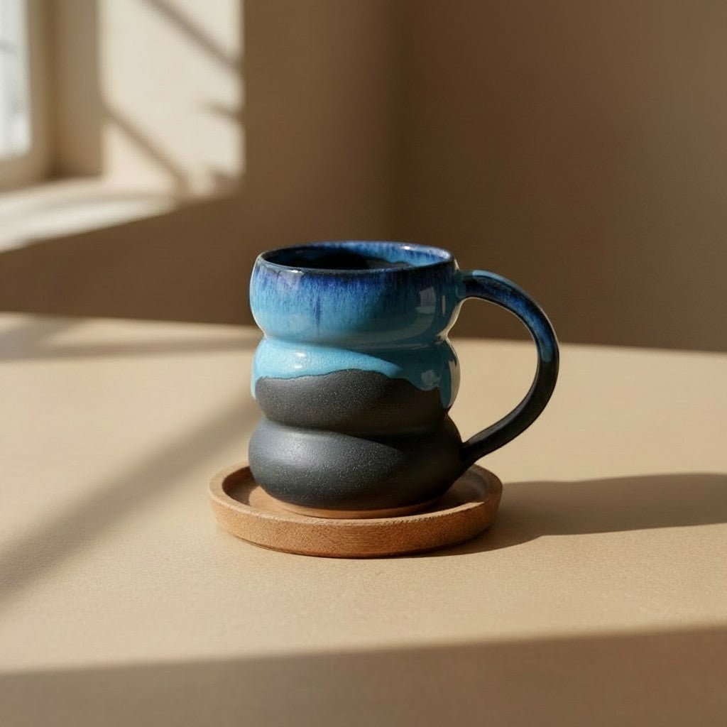 Eternal Pottery textured midnight triple bubble mug with handle on a wooden coaster.