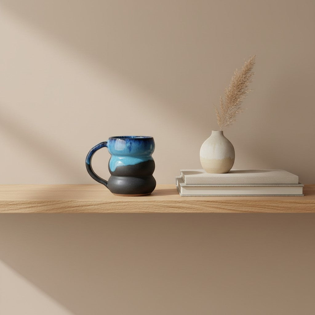Eternal Pottery textured midnight triple bubble mug with handle on a wooden shelf.