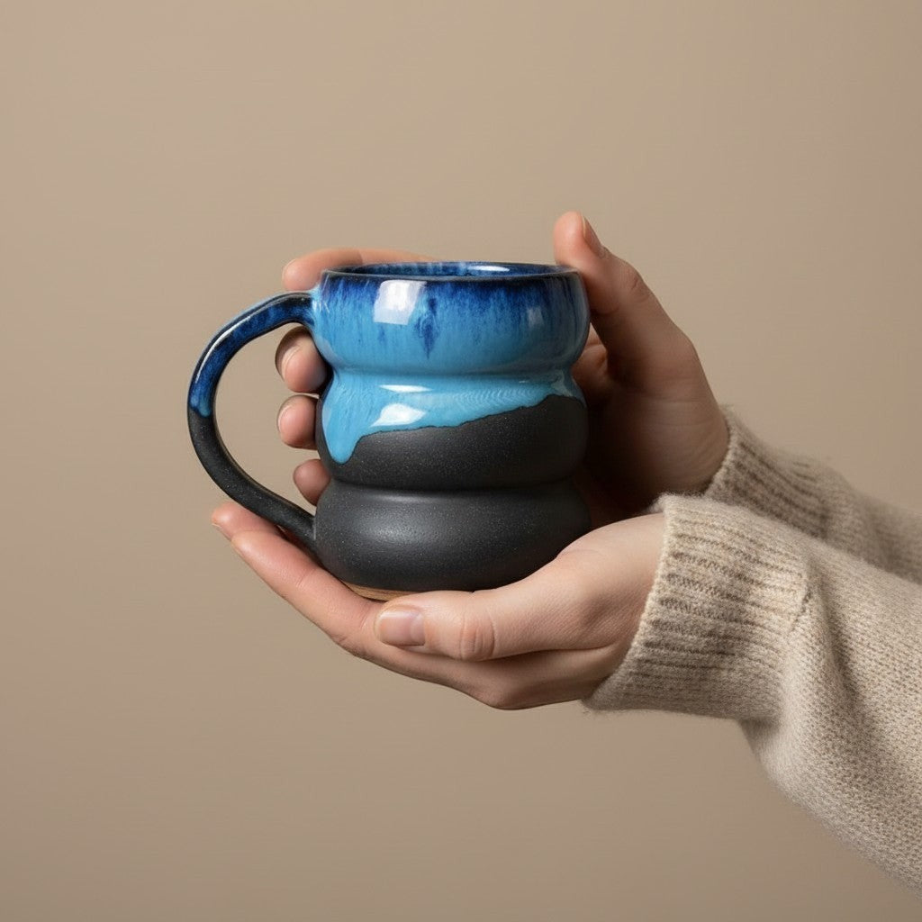 Eternal Pottery textured midnight triple bubble mug with handle, held in hands.