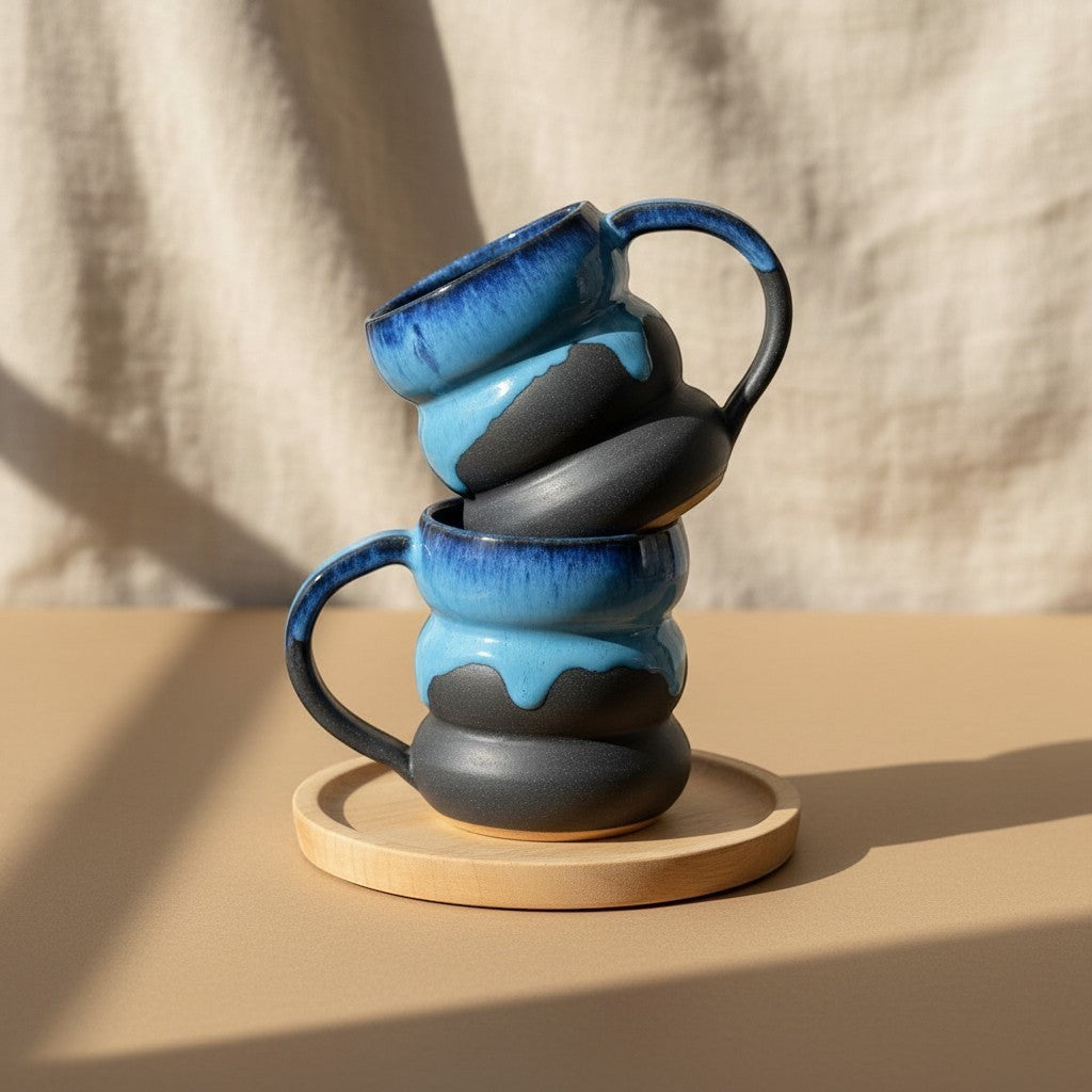 Two stacked textured midnight triple bubble mugs with handles, resting on a wooden coaster. Eternal Pottery.