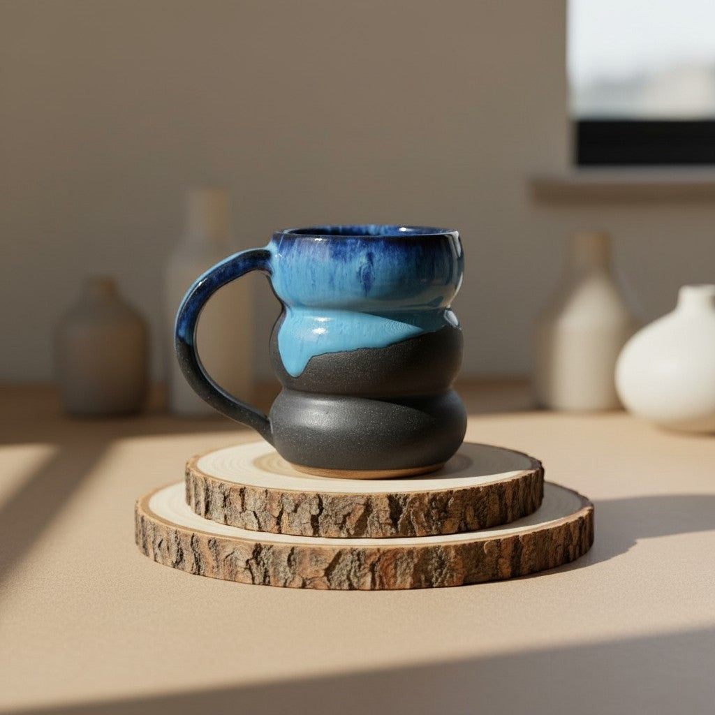 Eternal Pottery textured midnight triple bubble mug with handle, rustic glaze, perfect for coffee or tea resting on double-layered wooden coaster.
