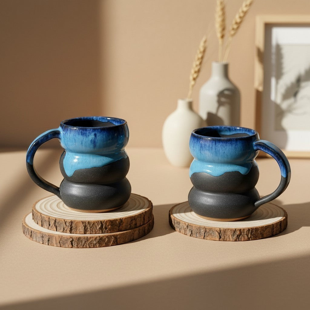 Two textured midnight triple bubble mugs with handles resting on wooden coasters, rustic design. Eternal Pottery.