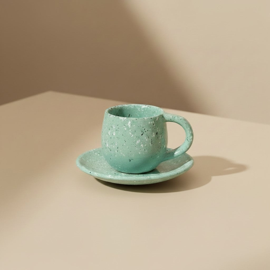 Eternal Pottery speckled mint sand ceramic espresso cup and saucer set, perfect for small coffee servings.