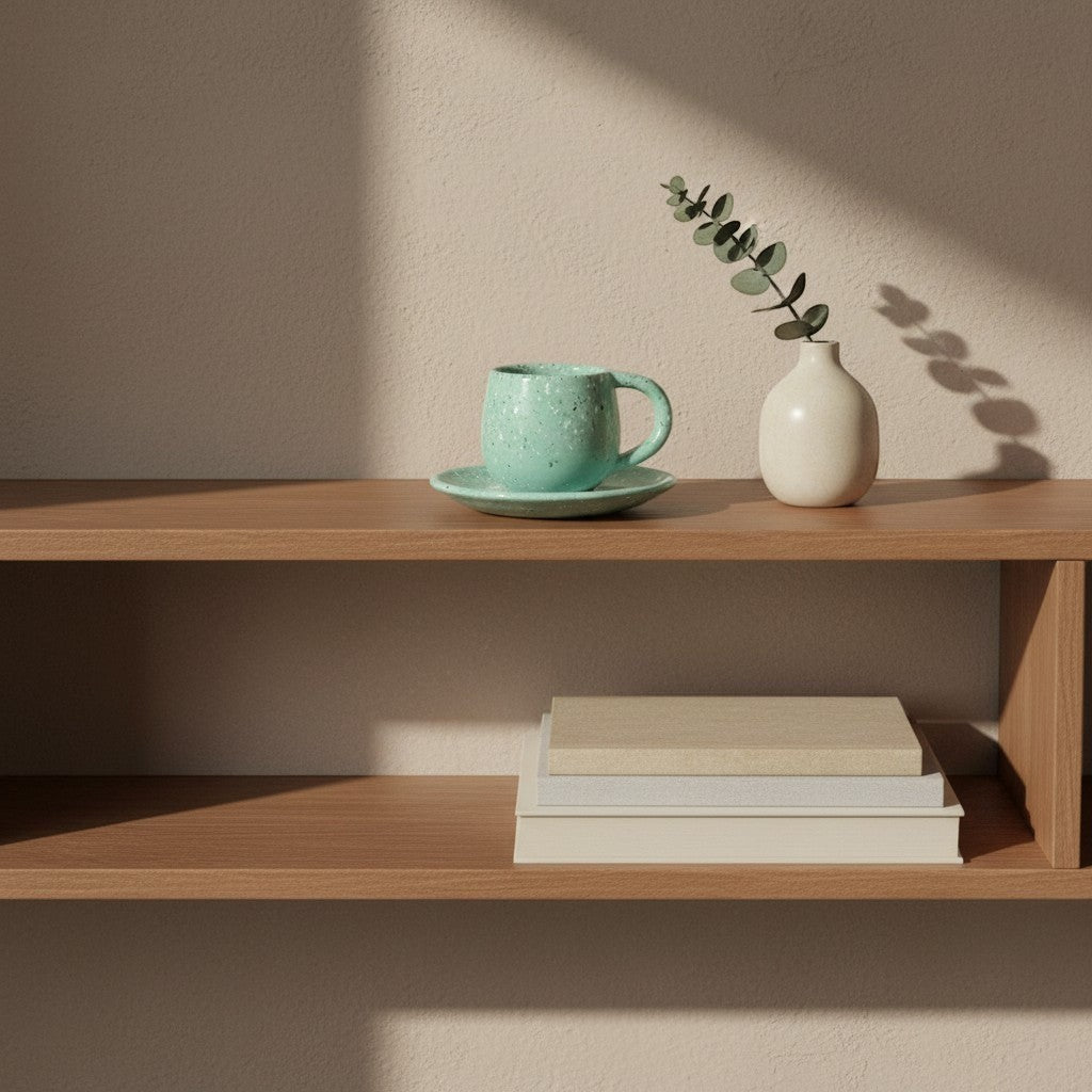 Eternal Pottery speckled mint sand ceramic espresso cup and saucer set on a wooden shelf.