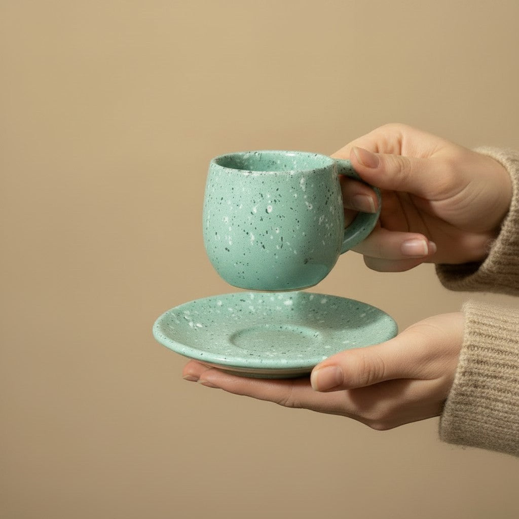 Eternal Pottery speckled mint sand ceramic espresso cup and saucer set held by hands.