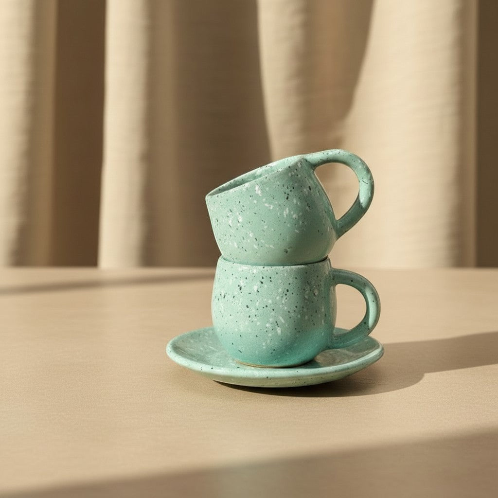 Eternal Pottery speckled mint sand ceramic espresso cup and saucer set. Two cups stacked on a saucer.