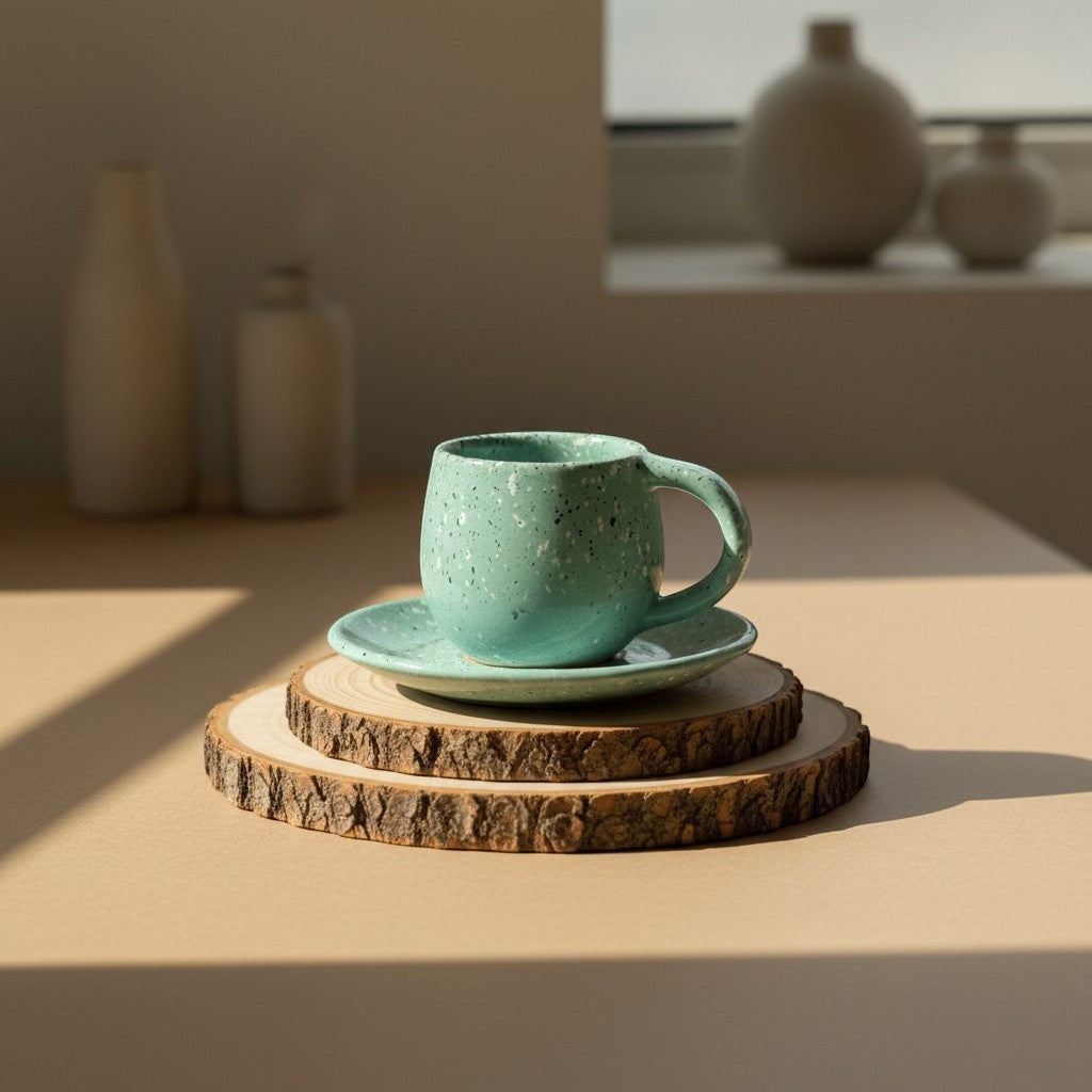 Eternal Pottery speckled mint sand ceramic espresso cup and saucer set. Small, artisanal coffee cup with handle.