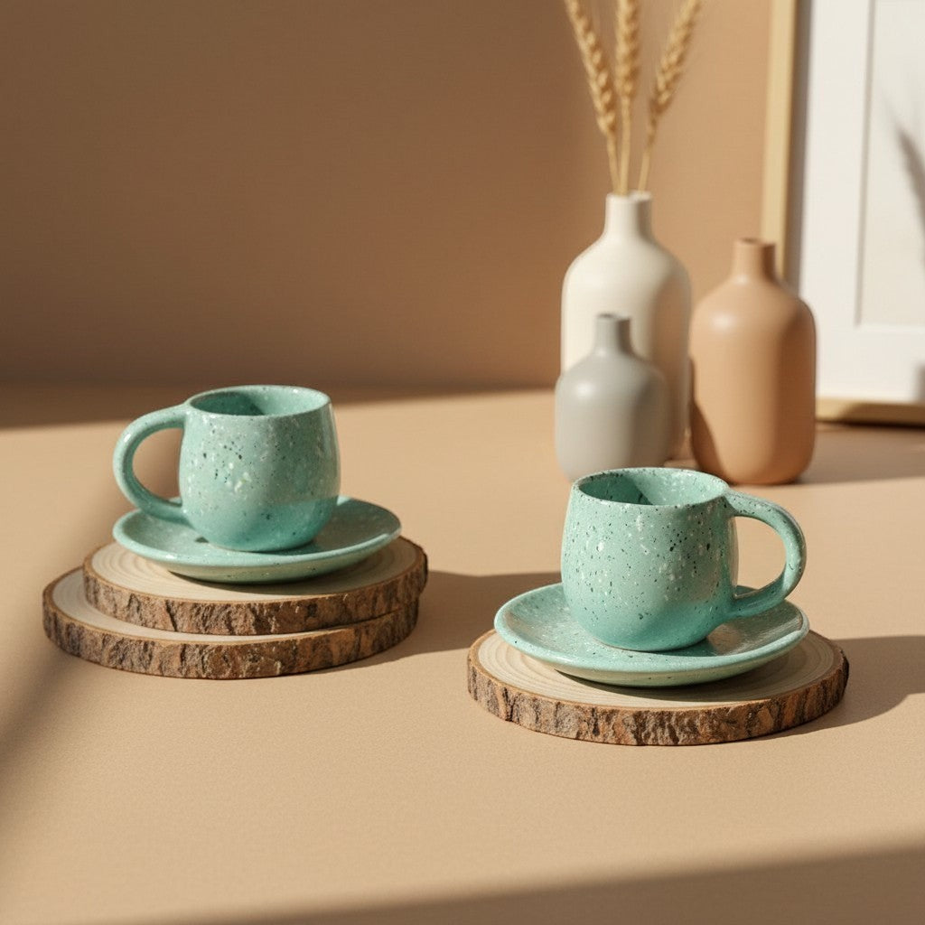 Eternal Pottery speckled mint sand ceramic espresso cup and saucer set on wood slices.