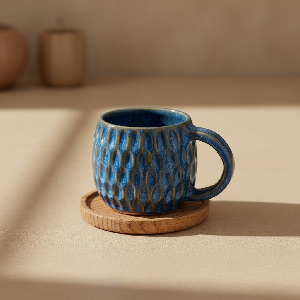 Eternal Pottery textured ocean blue fish scale mug with handle on a wooden coaster.