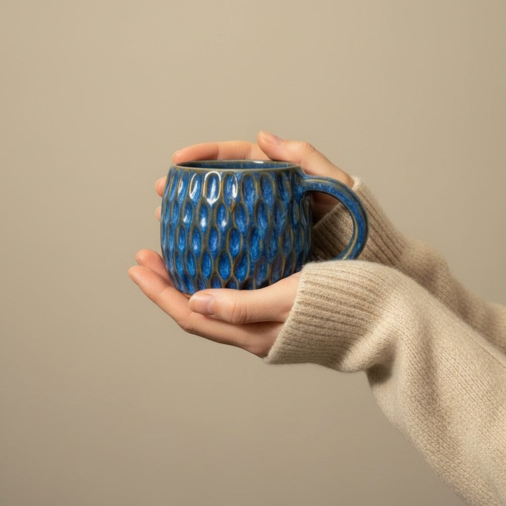Eternal Pottery textured ocean blue fish scale mug with handle, held in hands.