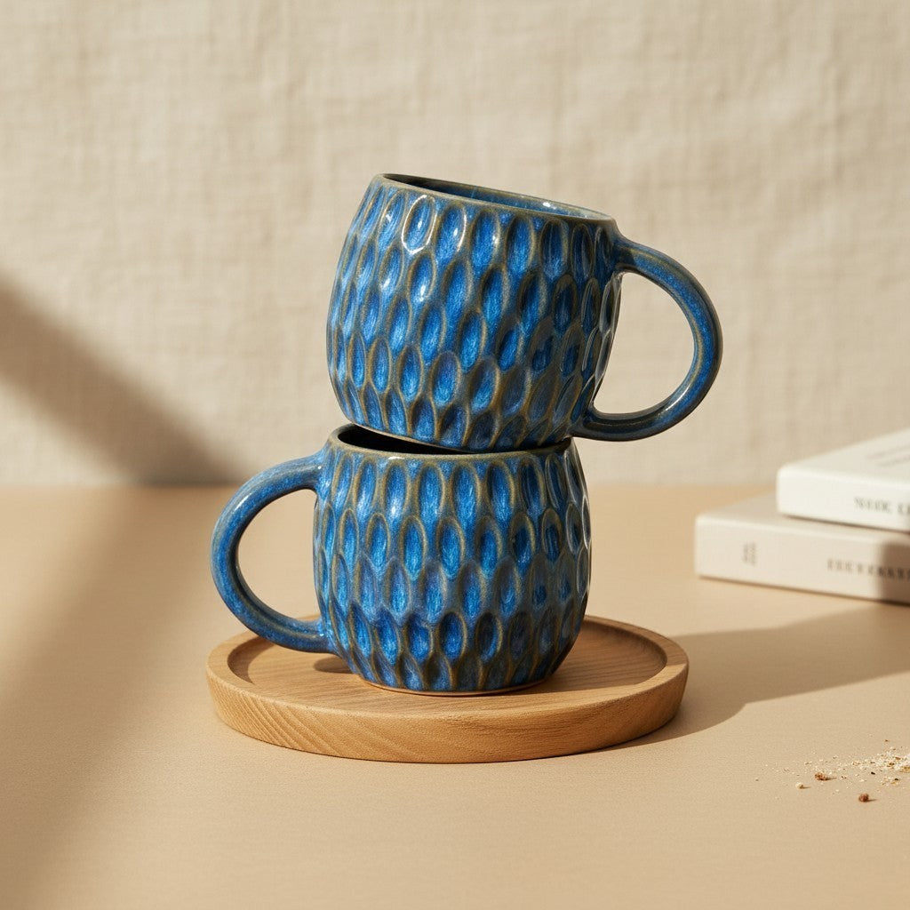 Two stacked textured ocean blue fish scale mugs with handles, resting on a wooden coaster. Eternal Pottery.