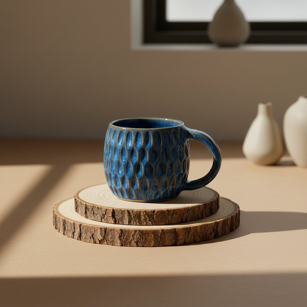 Eternal Pottery textured ocean blue fish scale mug with handle, rustic glaze, perfect for coffee or tea resting on double-layered wooden coaster.