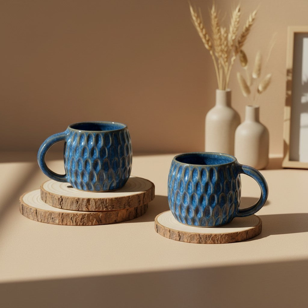 Two textured ocean blue fish scale mugs with handles resting on wooden coasters, rustic design. Eternal Pottery.