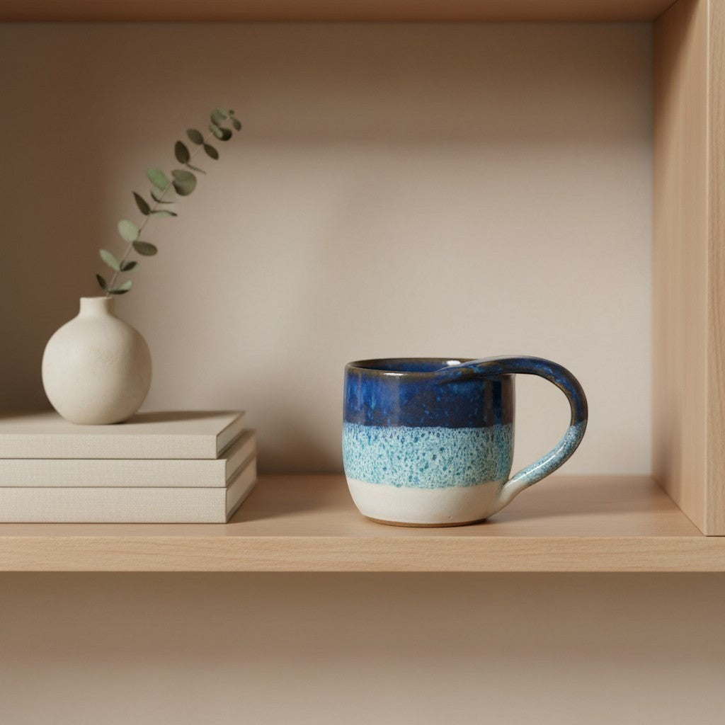 Eternal Pottery textured ocean mermaid mug with handle on a wooden shelf.
