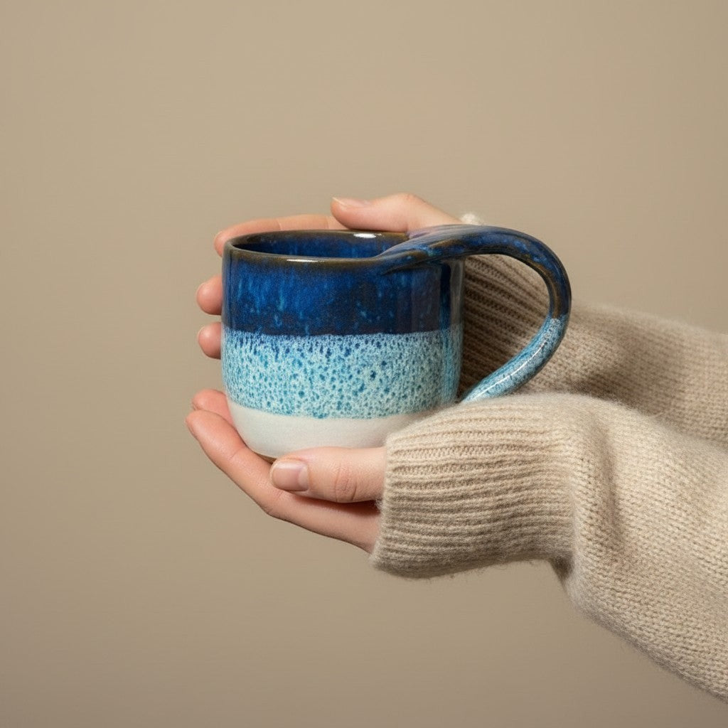Eternal Pottery textured ocean mermaid mug with handle, held in hands.