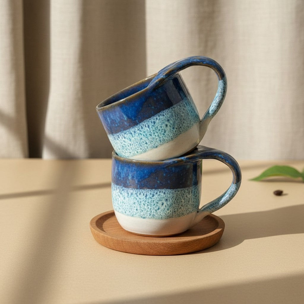 Two stacked textured ocean mermaid mugs with handles, resting on a wooden coaster. Eternal Pottery.